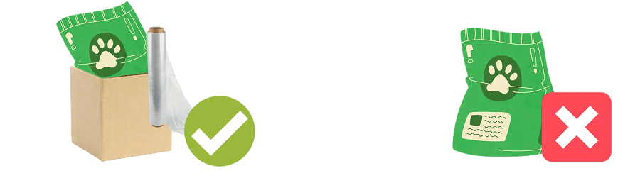 Balení v pytlík (například krmivo pro zvířata a jiné sypké materiály) vkládejte pro lepší manipulaci do kartonových krabic, případně ještě zajistěte folií.